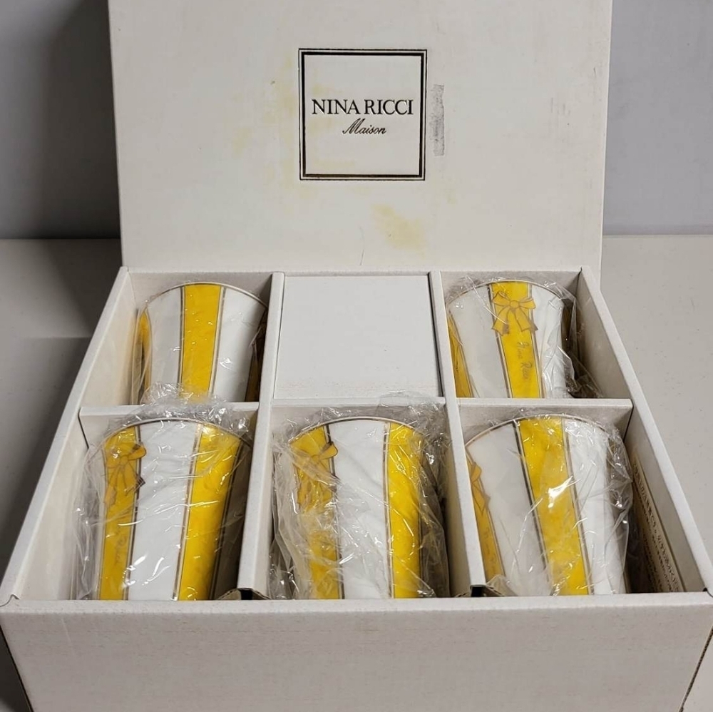 Vintage Nina Ricci Maison Sango Set‎ Of 5 Yellow/White/Gold Cups w/Bows NIB